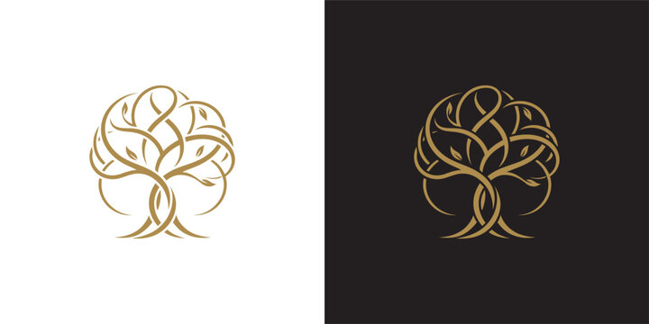 Elegant Golden Tree of Life Logo Design with Intertwining Branches and Abstract Foliage for Wellness and Nature Branding