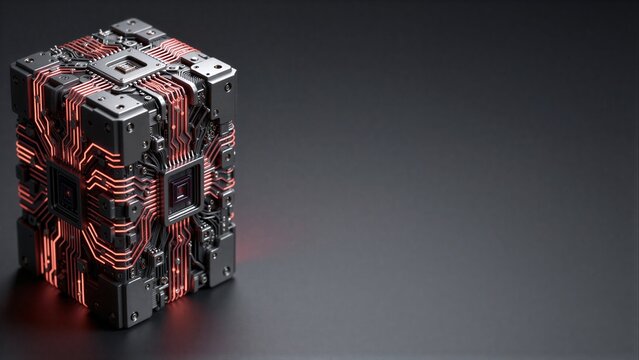 A futuristic cube with glowing red circuitry and metallic components on a dark surface.