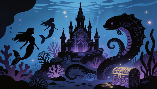 Mystical underwater scene featuring elegant mermaids swimming near a grand dark castle with a glowing treasure chest and a large sea monster in deep blue