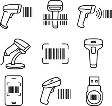 A collection of black and white line art icons depicting various barcode scanners and.