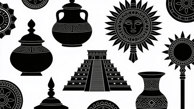 Black and white vector set featuring ancient mayan symbols including a stepped pyramid pottery vessels and tribal sun icons isolated against a plain white background