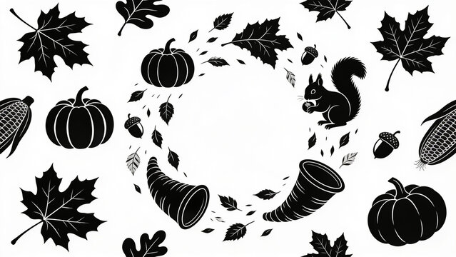 Decorative autumn harvest wreath featuring black silhouettes of pumpkins corn stalks falling leaves and a cute squirrel holding an acorn isolated on a white background