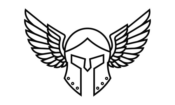 Ancient hoplite warrior helmet with symmetrical wings in black and white line art style for a minimalist historical or military concept