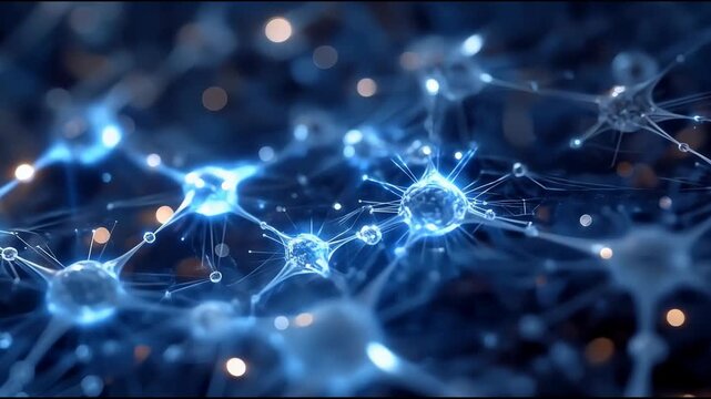 Blue neuron network connection with glowing synapse lines and interconnected digital nodes