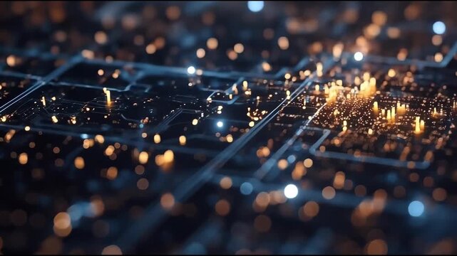 Glowing circuit board with warm golden bokeh lights creating futuristic glow and electronic depth