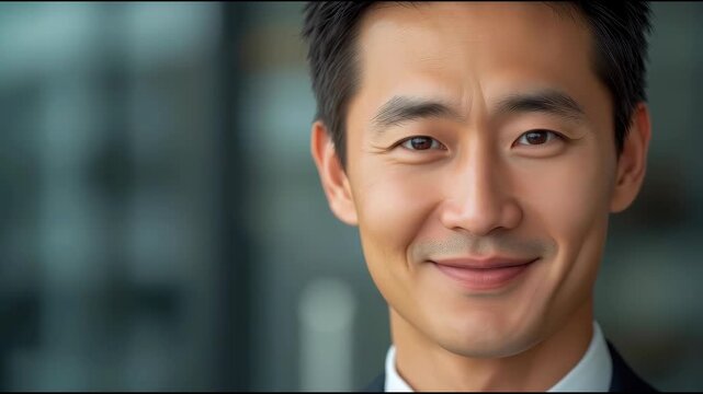 Asian man businessman portrait smile suit confident approachable handsome calm expression blurred