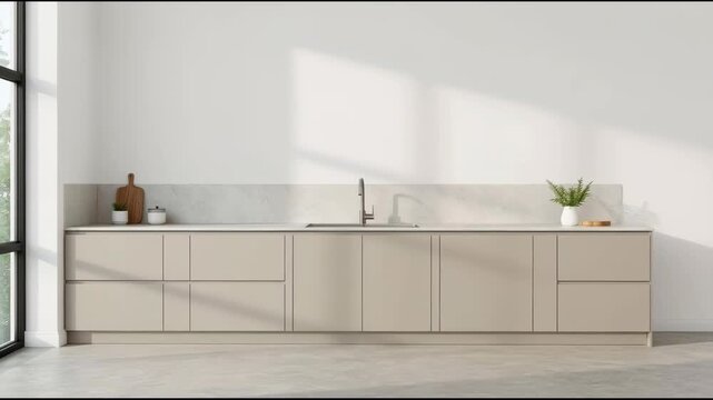 Minimal beige modern kitchen cabinet countertop with sink and faucet bathed natural soft sunlight
