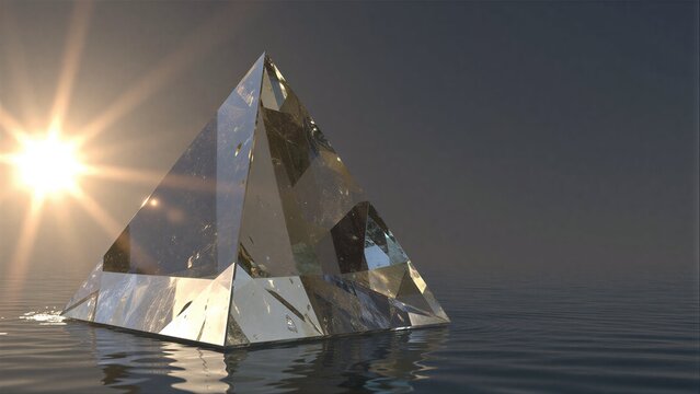 Shiny pyramid floats serene water, sun glints bright behind its mirrored facets.