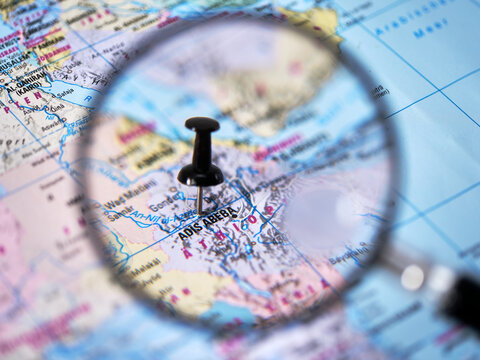 Map of Addis Ababa with a magnifying glass showing location details