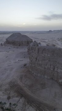 Descending Aerial View of Al Arbaa Mountain at Sunset, Al Ahsa, Saudi Arabia