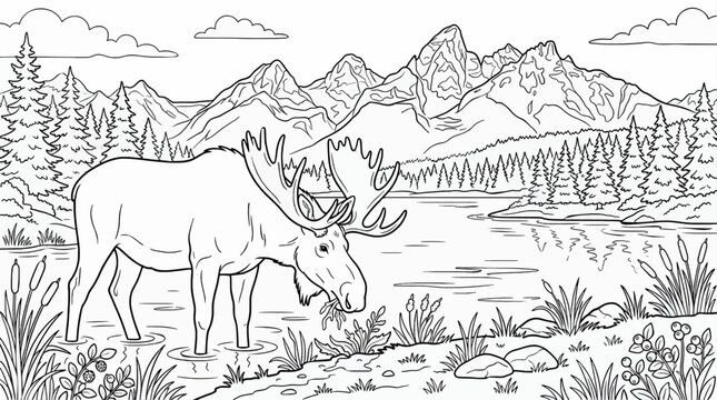 Black and White Coloring Page of a Large Bull Moose Grazing in a Lake with Mountains and Pine Trees in the Background, Outline Vector Illustration