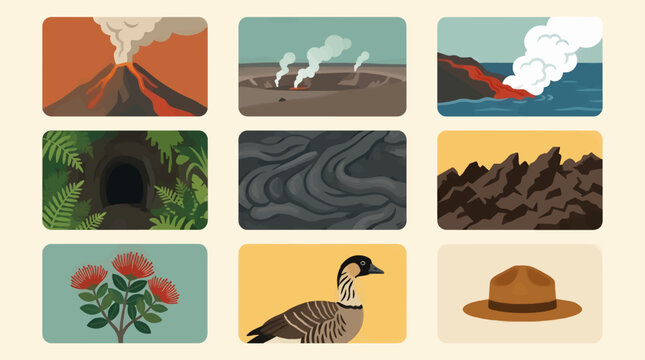 Vector Icon Sheet of Nine Illustrations Themed Around Volcanic Landscapes and Hawaiian Nature, Including Erupting Volcanoes, Lava Flows, Crater, Cave, Nene Goose, and Ohia Lehua Flower