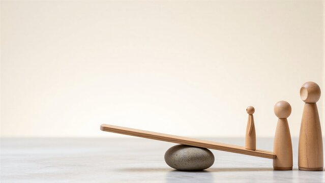 Wooden figures balance on seesaw, symbolizing family harmony and equilibrium.