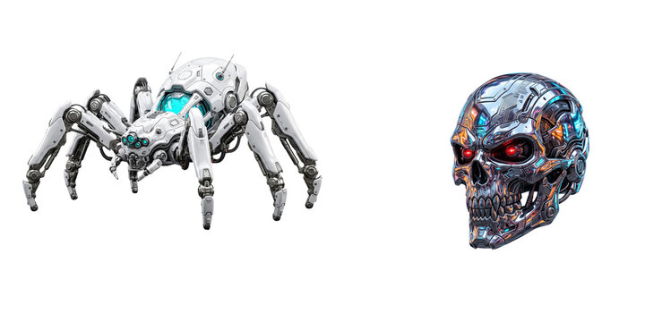 Robotic spider and cyborg skull isolated on transparent background