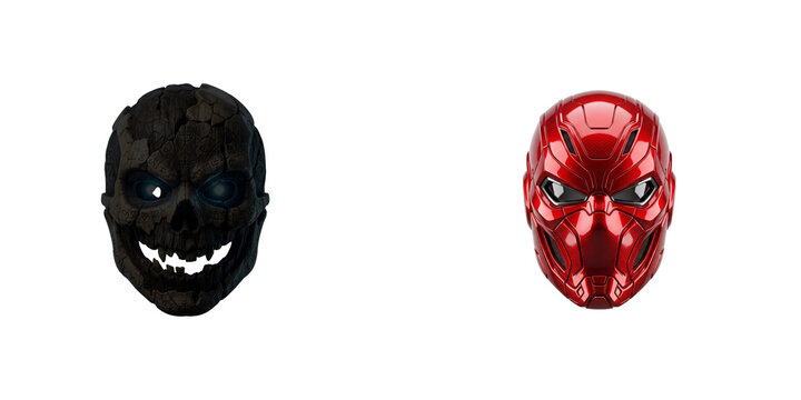 Black cracked skull mask and red futuristic helmet, isolated on transparent background