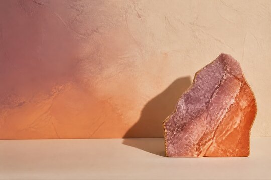 Pink salt lamp rock on minimalist tabletop with warm ambient light