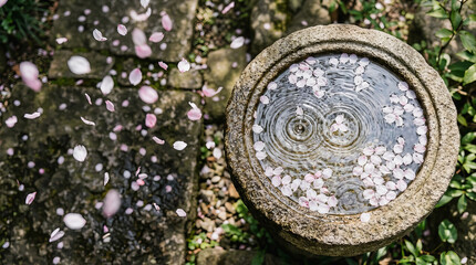 Fototapeta premium Pink cherry blossom petals float in a circular stone water basin surrounded by greenery and scattered on the ground.