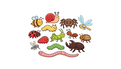 Cute insects and bugs cartoon characters collection set with bee snail spider dragonfly ladybug caterpillar worm and beetle © Ruma