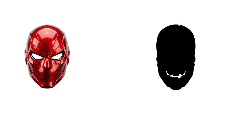Red hood mask and its silhouette, isolated on transparent background