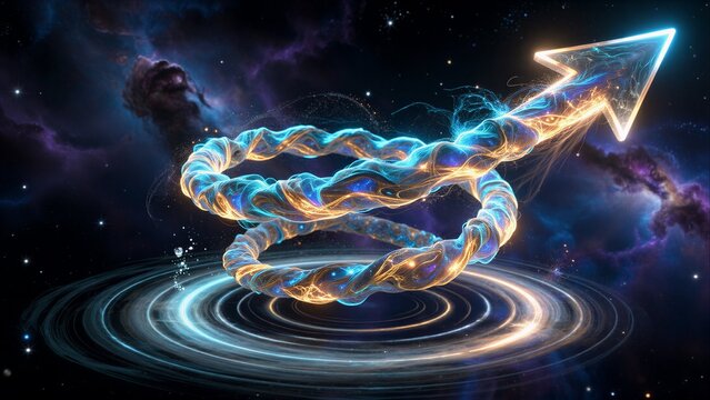 Cosmic arrow spirals through starry void, glowing with energy and motion.