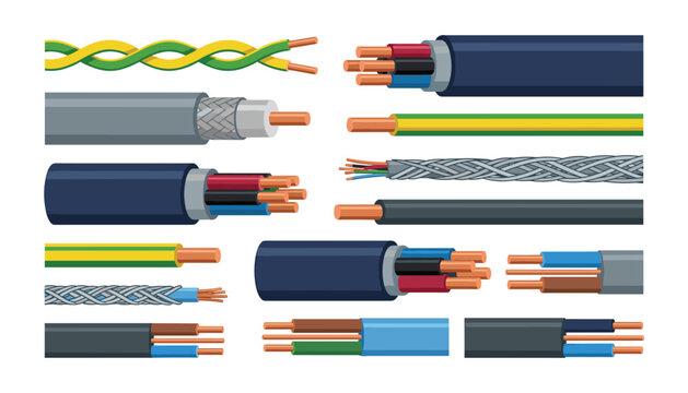 Electrical cables and copper wires vector elements set showing structure insulation shielding cores and cross sections for power industry