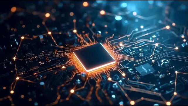 Glowing microchip on printed circuit board with illuminated traces and futuristic processor lighting