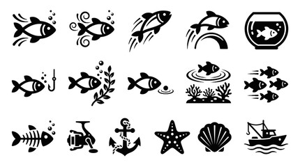 Obraz premium Collection of black fish icons and fishing elements set including anchor boat starfish and fishing rod on white background, symbolizing marine life branding and illustrating seafood design