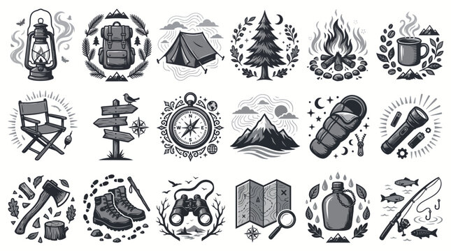 Vintage monochrome collection of camping and outdoor adventure icons featuring tent backpack compass campfire and hiking gear, provides essential elements for wilderness branding or hobbyists