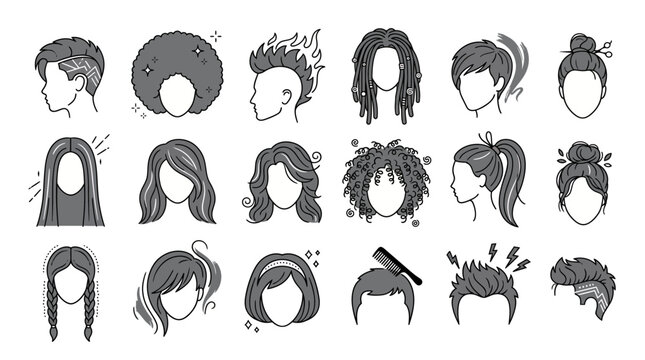 Comprehensive collection of diverse hairstyles and haircut icons for men and women in minimalist line art style, Represents professional salon services menu or creative barbershop branding options