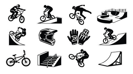 Naklejka premium BMX Bike Rider Freestyle Stunt Graphic Icon Set with Park Elements