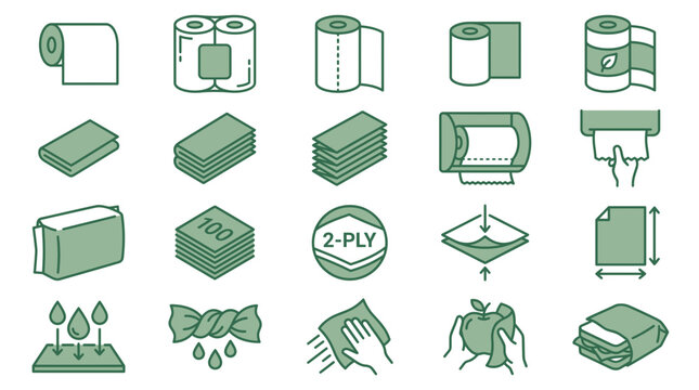 Green paper towel and tissue icon set featuring rolls, dispensers and napkins on a white background, Sustainable hygiene packaging representing household cleaning supplies and washroom solutions