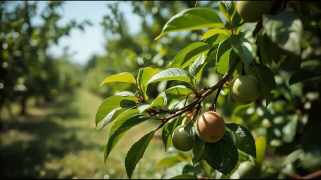 Leafy orchard branch with green leaves and ripe fruit, plums and unripe fruit warm calm summer light