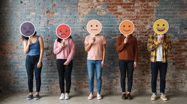 Group of diverse young adults holding emoticon faces showing range of emotions from sad to happy against a brick wall