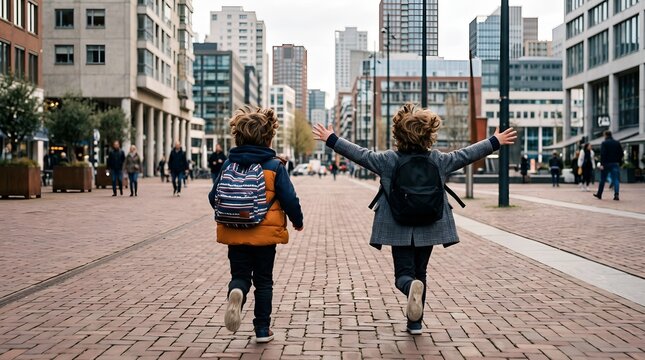 Rear view of two young school kids with backpacks running happily with open arms down a cobblestone city street lined with modern European buildings