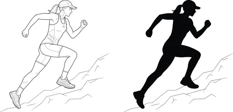 Female Trail Runner Silhouette and Outline Vector with Mountain Running Action Pose