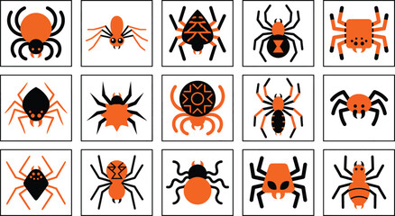 Spider icon set. Halloween arachnid symbols. Geometric bug designs. Creepy insect silhouette collection. Autumn holiday flat vector illustration..eps © MdSharifulAlam