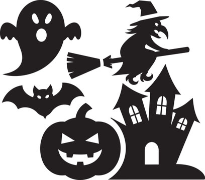 Halloween Silhouette Vector Set &ndash; Ghost, Witch, Pumpkin, Bat, and Haunted House Silhouettes