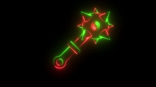 Glowing neon Medieval chained mace ball icon isolated on black background. Medieval weapon icon animation. Morgenstern medieval weapon or mace with spikes. 4k 