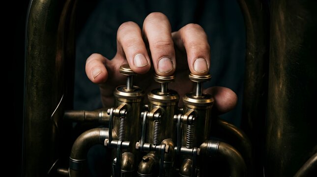Musician playing a vintage brass trumpet valve instrument in a studio