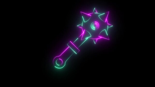Glowing neon Medieval chained mace ball icon isolated on black background. Medieval weapon icon animation. Morgenstern medieval weapon or mace with spikes. 4k 