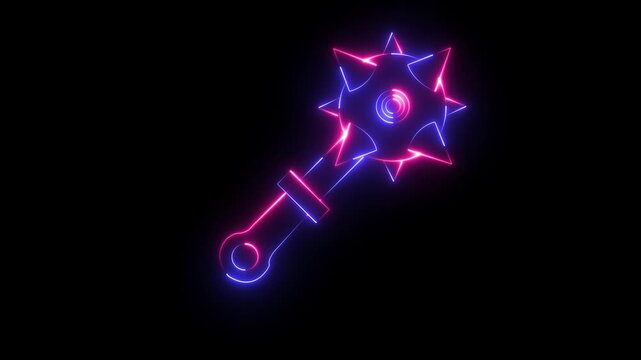 Glowing neon Medieval chained mace ball icon isolated on black background. Medieval weapon icon animation. Morgenstern medieval weapon or mace with spikes. 4k 