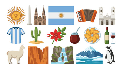 Argentina travel and culture icon set with national flag empanadas mate wine tango accordion landmarks and wildlife vector © Ruma