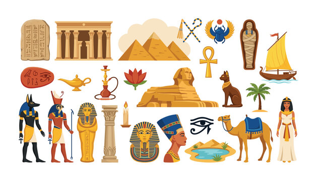 Ancient Egypt culture travel and landmarks vector set featuring pharaoh gods pyramids sphinx history icons on white background