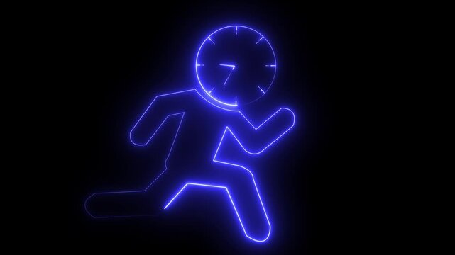 glowing neon running person with a clock icon, Representing urgency, time management, deadlines, productivity, or rushing to meet a target. 4k video animation.