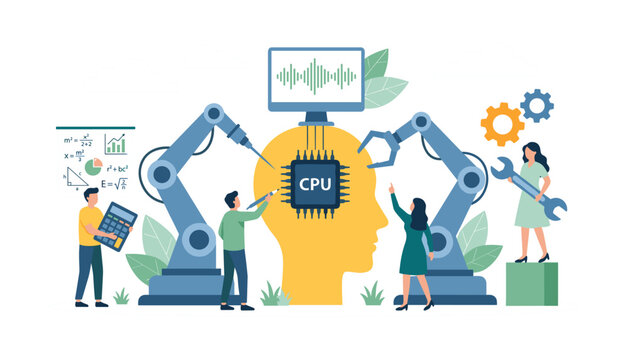 Artificial intelligence development and robotic engineering concept vector illustration with tiny programmers configuring chip in human profile head