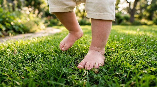 Baby taking first steps barefoot on green grass in a sunny garden