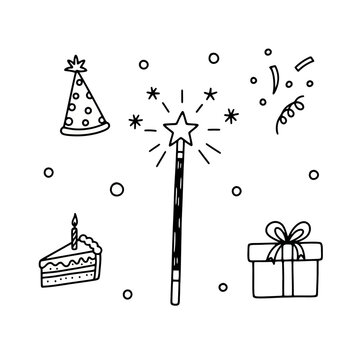 The Image Is A Black And White Line Drawing Of A Birthday Celebration It
