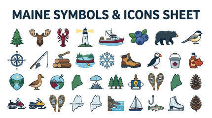 Fototapeta premium A comprehensive icon sheet showcasing various state symbols, natural landmarks, and cultural elements on a clean white background, perfect for educational materials and travel guides