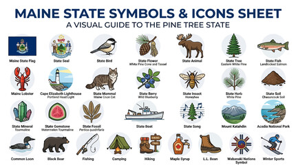 Obraz premium A comprehensive icon sheet showcasing various state symbols, natural landmarks, and cultural elements on a clean white background, perfect for educational materials and travel guides