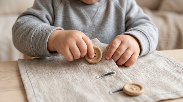 Toddler learning fine motor skills by buttoning wooden buttons on fabric